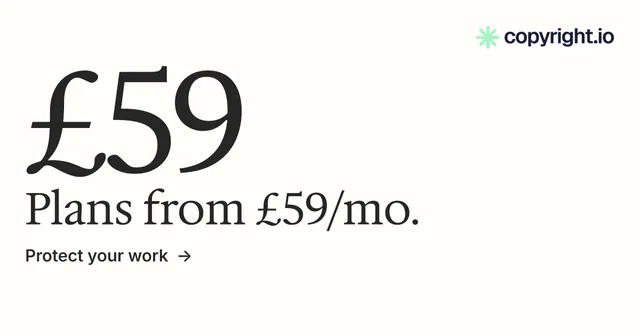 Social ad for copyright.io: "Put an agent on it." Minimal luxury style, stat layout, light palette in white, grey.