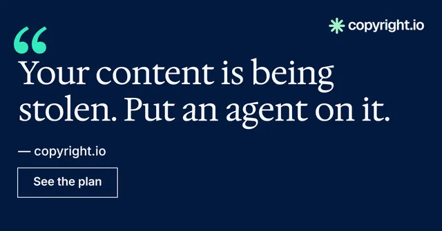 Social ad for copyright.io: "Find your reposted work." Editorial style, quote layout, dark palette in blue, black.