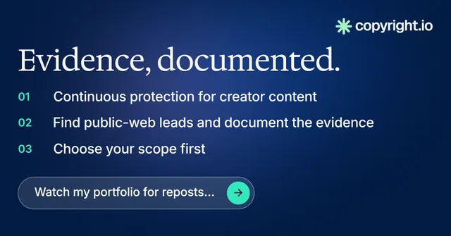 Social ad for copyright.io: "Evidence, documented." Agentic glass style, numbered layout, dark palette in blue.