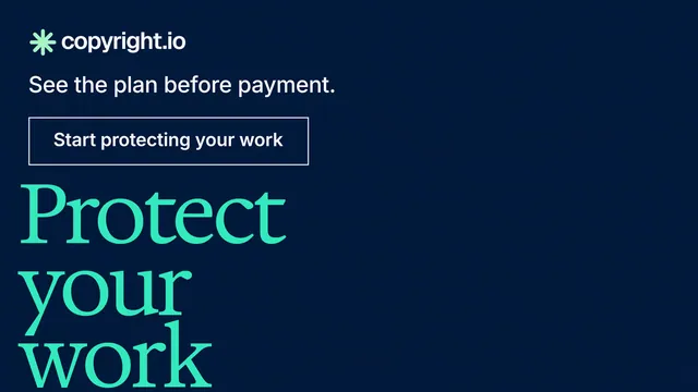 Landscape graphic for copyright.io: "Your content is being stolen." Editorial style, oversized layout, dark palette in black, teal.