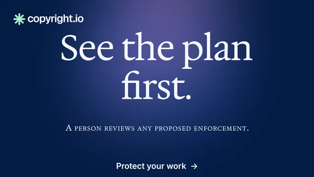 Landscape graphic for copyright.io: "See the plan first." Agentic glass style, smallcaps layout, dark palette in blue.