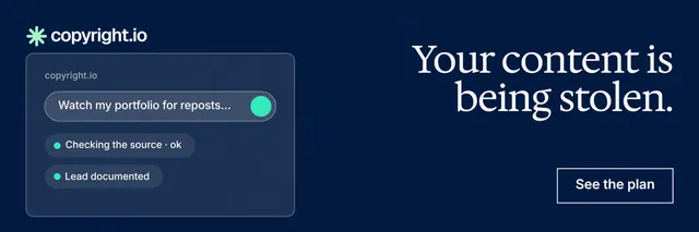 X header for copyright.io: "Your content is being stolen." Editorial style, right layout, dark palette in blue.