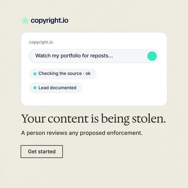 Instagram post for copyright.io: "Your content is being stolen." Editorial style, bottom layout, light palette in yellow, white, grey.