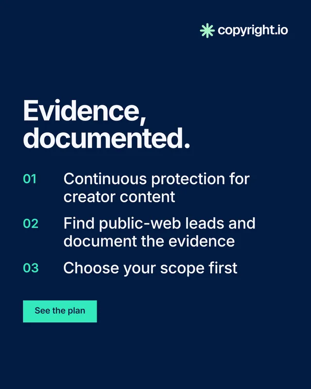 Instagram portrait post for copyright.io: "Evidence, documented." Swiss style, numbered layout, dark palette in blue.
