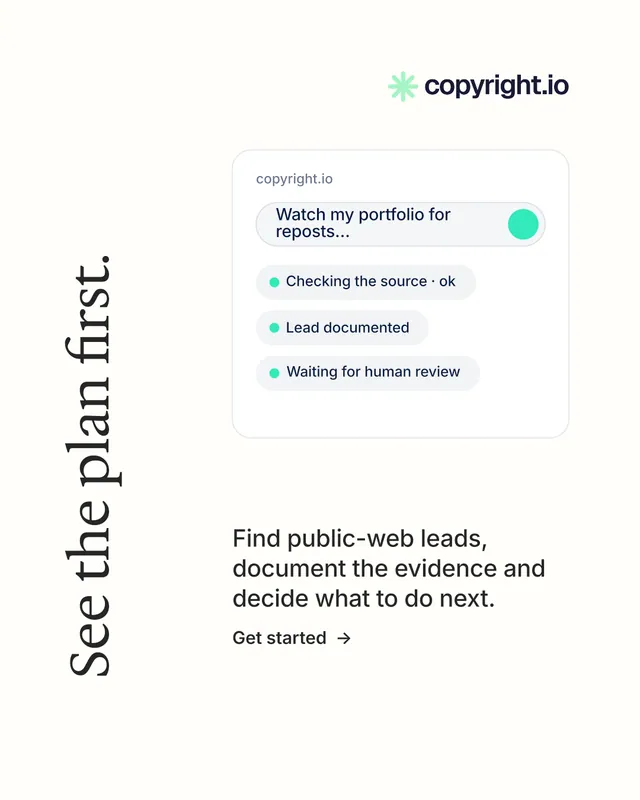 Instagram portrait post for copyright.io: "See the plan first." Minimal luxury style, vertical layout, light palette in white.