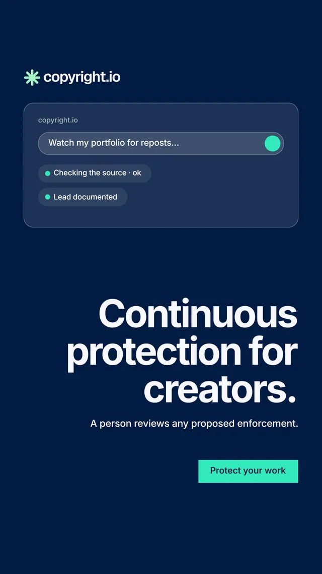 Instagram story for copyright.io: "Continuous protection for creators." Swiss style, right layout, dark palette in blue.