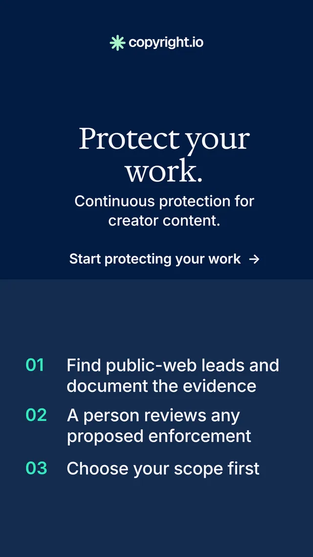 Instagram story for copyright.io: "Protect your work." Minimal luxury style, skeleton layout, dark palette in blue.