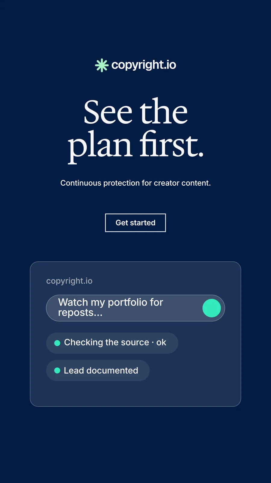 Instagram story for copyright.io: "See the plan first." Editorial style, centred layout, dark palette in blue.