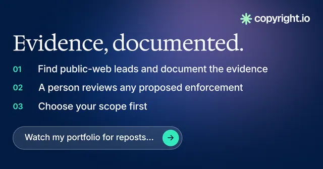 Social ad for copyright.io: "Evidence, documented." Agentic glass style, numbered layout, dark palette in blue.