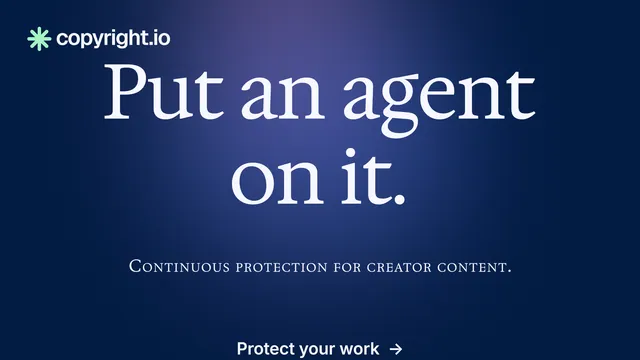 Landscape graphic for copyright.io: "Put an agent on it." Agentic glass style, smallcaps layout, dark palette in blue.