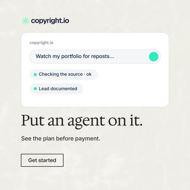 Instagram post for copyright.io: "Put an agent on it." Editorial style, bottom layout, light palette in white, grey.