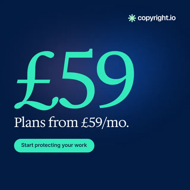 Instagram post for copyright.io: "See the plan first." Y2K style, stat layout, dark palette in blue, teal.