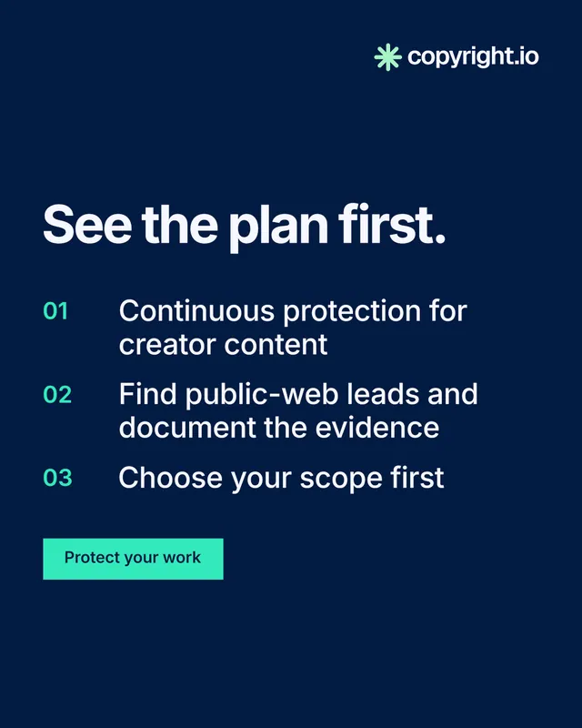 Instagram portrait post for copyright.io: "See the plan first." Swiss style, numbered layout, dark palette in blue.