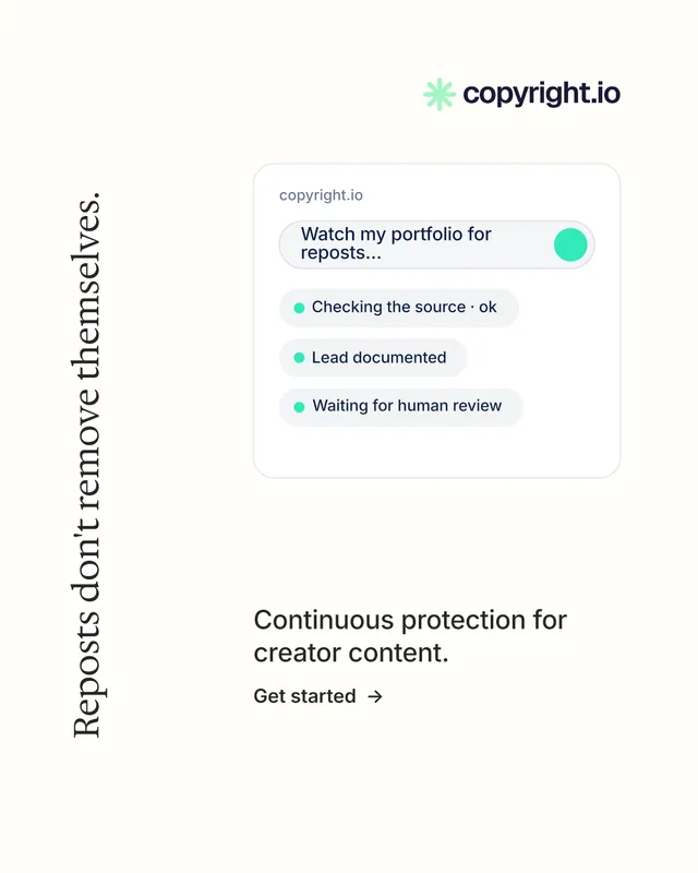 Instagram portrait post for copyright.io: "Reposts don't remove themselves." Minimal luxury style, vertical layout, light palette in white.