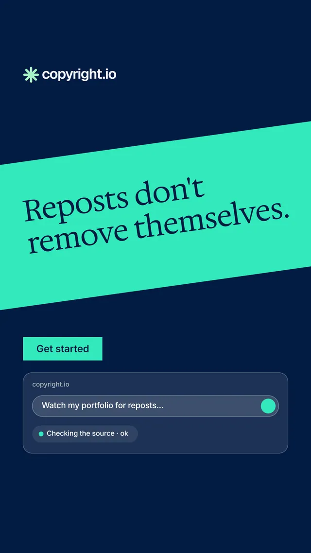 Instagram story for copyright.io: "Reposts don't remove themselves." Split block style, diagonal layout, dark palette in blue, teal.