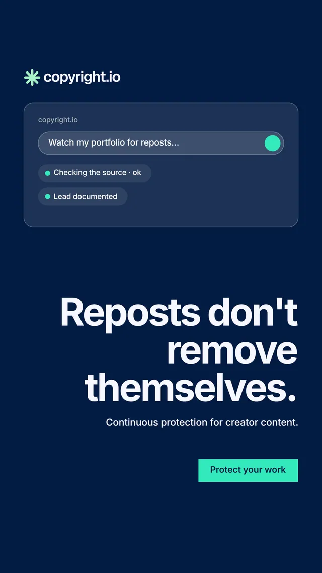 Instagram story for copyright.io: "Reposts don't remove themselves." Swiss style, right layout, dark palette in blue.