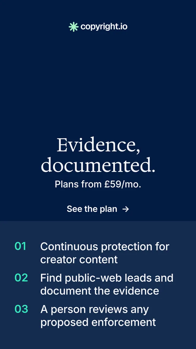Instagram story for copyright.io: "Evidence, documented." Minimal luxury style, skeleton layout, dark palette in blue.
