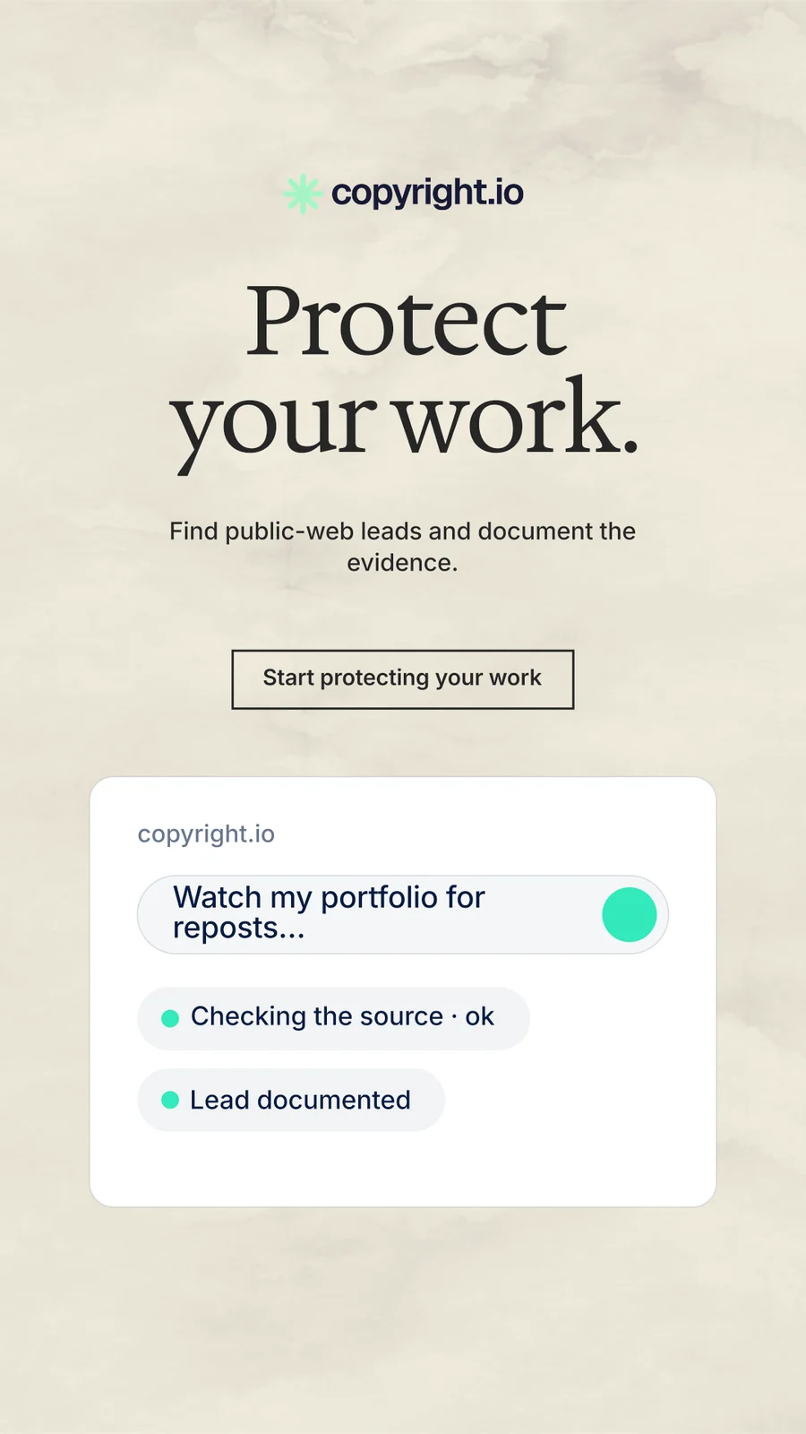 Instagram story for copyright.io: "Protect your work." Editorial style, centred layout, light palette in yellow, white, grey.