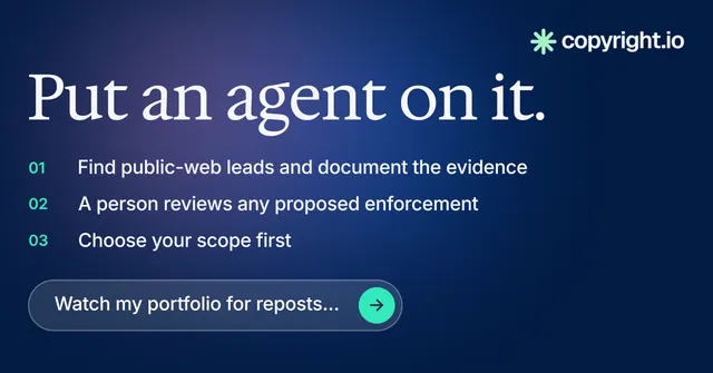 Social ad for copyright.io: "Put an agent on it." Agentic glass style, numbered layout, dark palette in blue.