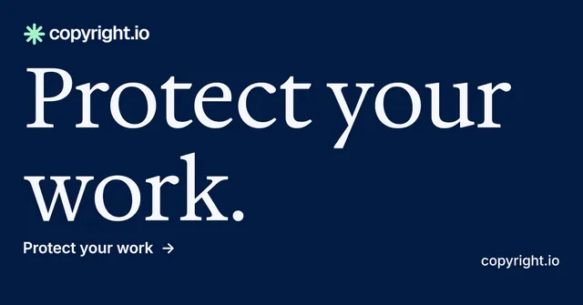 Social ad for copyright.io: "Protect your work." Minimal luxury style, poster layout, dark palette in blue.