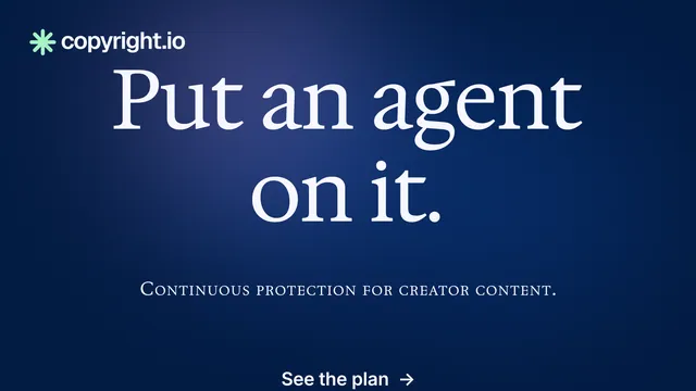 Landscape graphic for copyright.io: "Put an agent on it." Agentic glass style, smallcaps layout, dark palette in blue.
