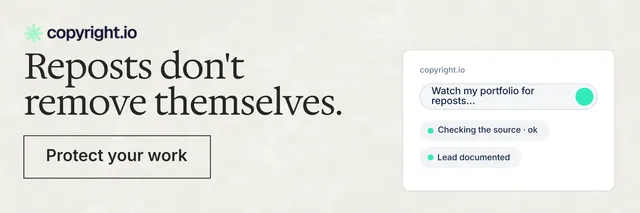X header for copyright.io: "Reposts don't remove themselves." Editorial style, skeleton layout, light palette in white, grey.