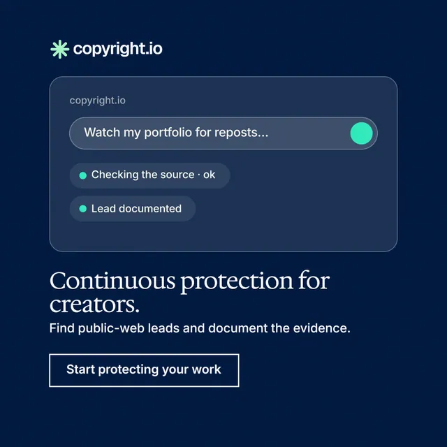 Instagram post for copyright.io: "Continuous protection for creators." Editorial style, bottom layout, dark palette in blue.
