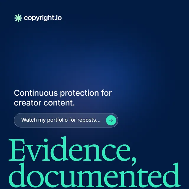 Instagram post for copyright.io: "Reposts don't remove themselves." Agentic glass style, oversized layout, dark palette in blue, teal.