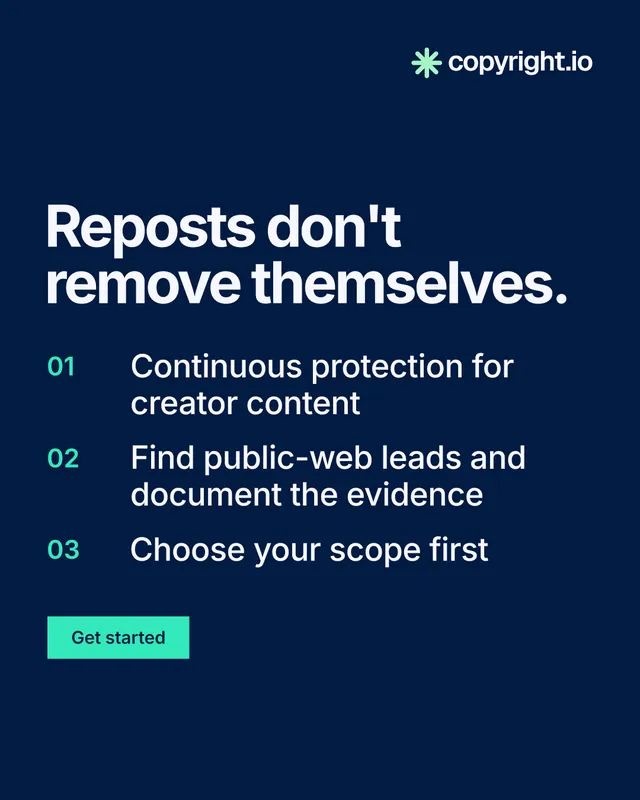 Instagram portrait post for copyright.io: "Reposts don't remove themselves." Swiss style, numbered layout, dark palette in blue.