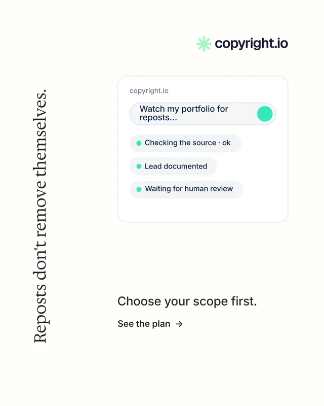 Instagram portrait post for copyright.io: "Reposts don't remove themselves." Minimal luxury style, vertical layout, light palette in white.