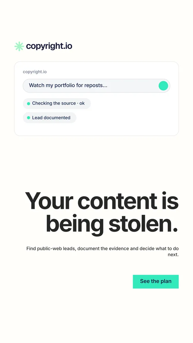 Instagram story for copyright.io: "Your content is being stolen." Swiss style, right layout, light palette in white.