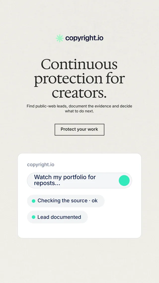Instagram story for copyright.io: "Continuous protection for creators." Editorial style, centred layout, light palette in white, grey.