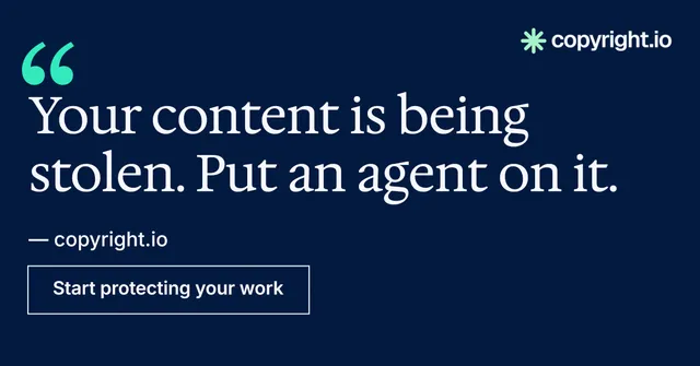 Social ad for copyright.io: "Evidence, documented." Editorial style, quote layout, dark palette in blue, black.