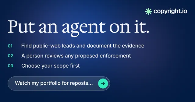 Social ad for copyright.io: "Put an agent on it." Agentic glass style, numbered layout, dark palette in blue.
