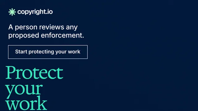Landscape graphic for copyright.io: "Reposts don't remove themselves." Editorial style, oversized layout, dark palette in black, blue.