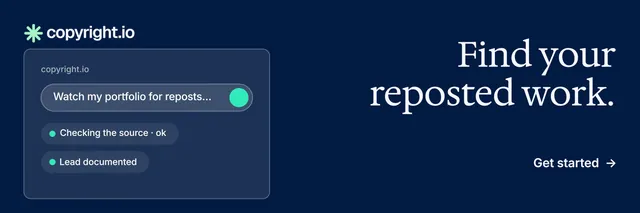 X header for copyright.io: "Find your reposted work." Minimal luxury style, right layout, dark palette in blue.