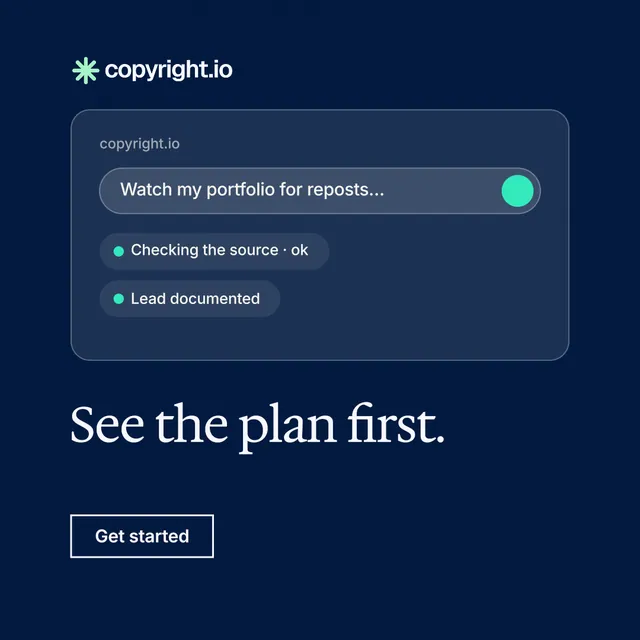 Instagram post for copyright.io: "See the plan first." Editorial style, bottom layout, dark palette in blue.