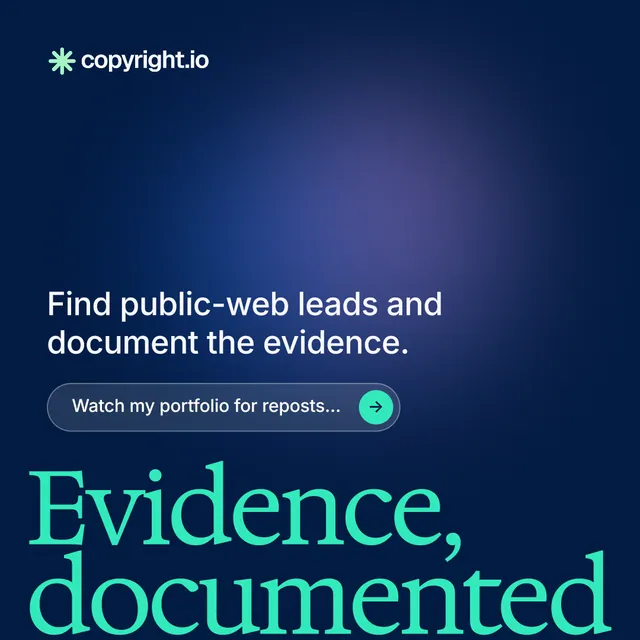 Instagram post for copyright.io: "Continuous protection for creators." Agentic glass style, oversized layout, dark palette in blue.