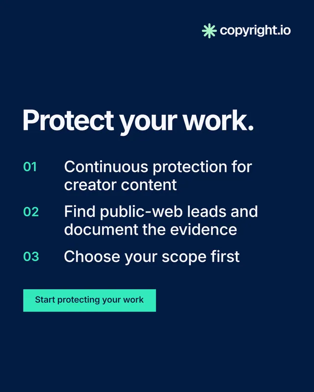 Instagram portrait post for copyright.io: "Protect your work." Swiss style, numbered layout, dark palette in blue.