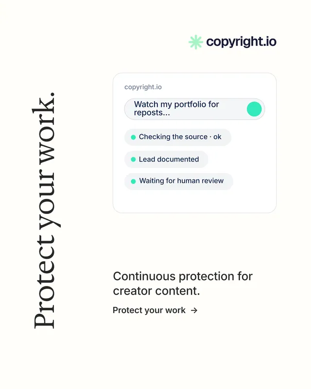 Instagram portrait post for copyright.io: "Protect your work." Minimal luxury style, vertical layout, light palette in white.
