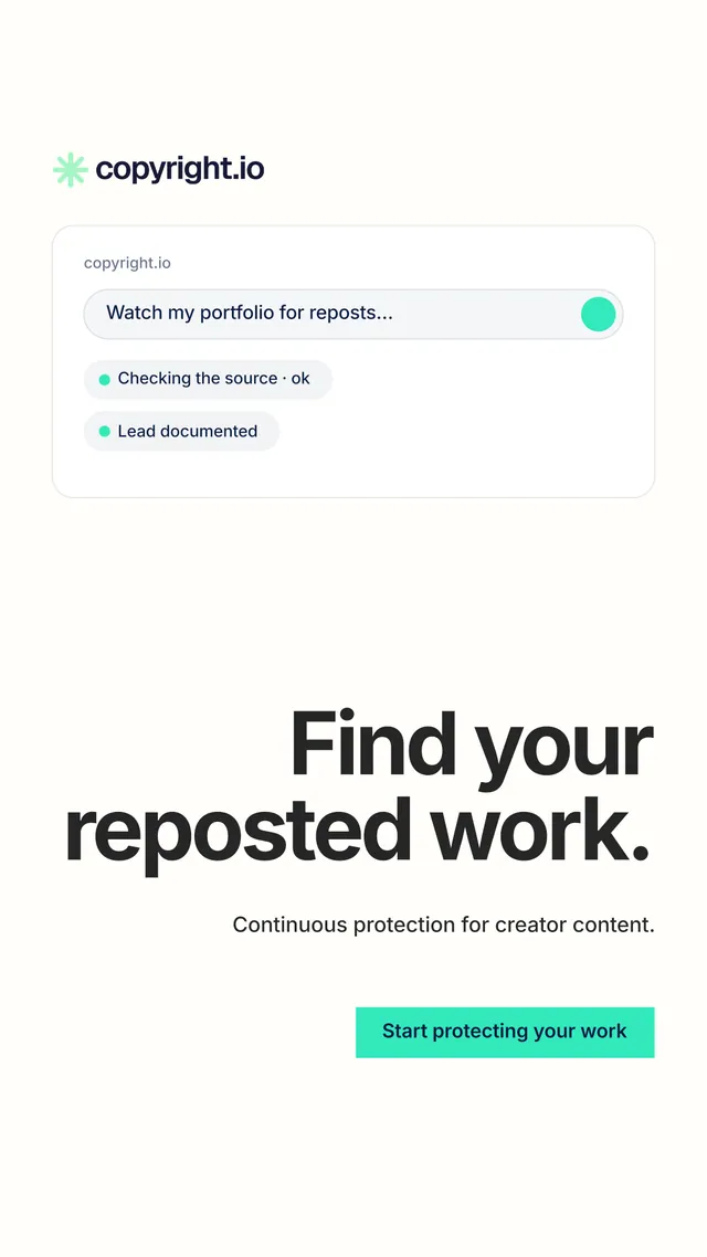 Instagram story for copyright.io: "Find your reposted work." Swiss style, right layout, light palette in white.