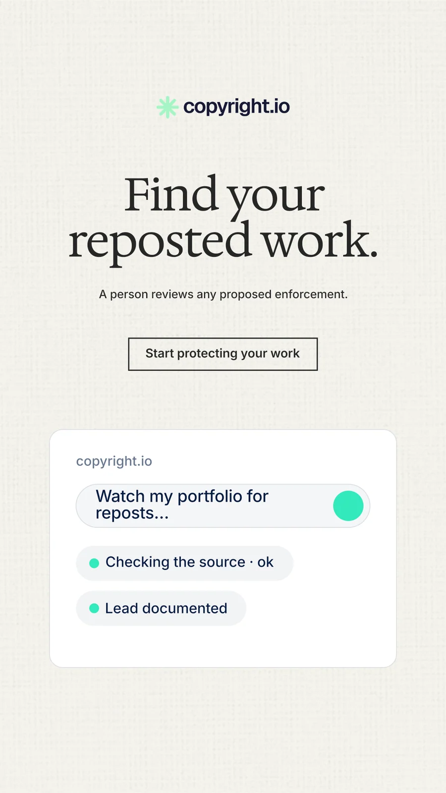 Instagram story for copyright.io: "Find your reposted work." Editorial style, centred layout, light palette in white.