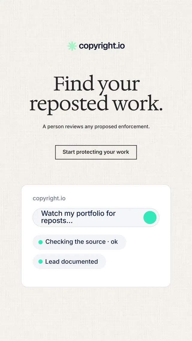 Instagram story for copyright.io: "Find your reposted work." Editorial style, centred layout, light palette in white.
