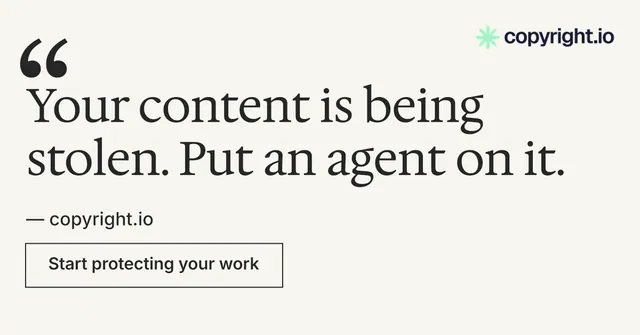Social ad for copyright.io: "Continuous protection for creators." Editorial style, quote layout, light palette in white, grey.