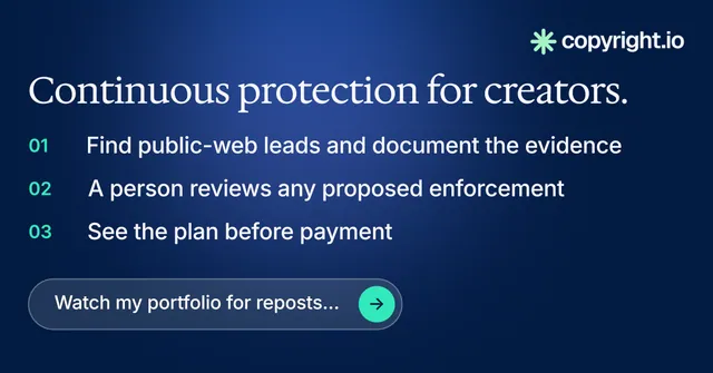 Social ad for copyright.io: "Continuous protection for creators." Agentic glass style, numbered layout, dark palette in blue.