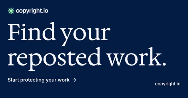 Social ad for copyright.io: "Find your reposted work." Minimal luxury style, poster layout, dark palette in blue.