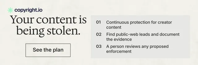 X header for copyright.io: "Your content is being stolen." Editorial style, skeleton layout, light palette in white, grey.