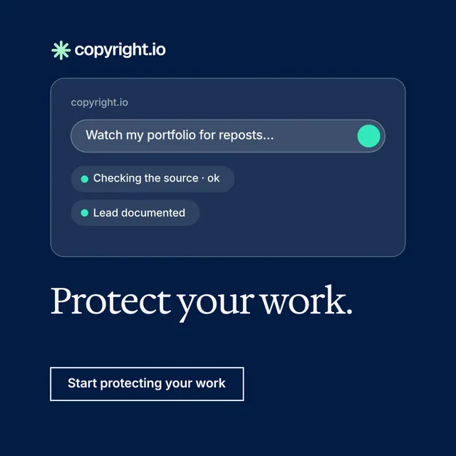 Instagram post for copyright.io: "Protect your work." Editorial style, bottom layout, dark palette in blue.