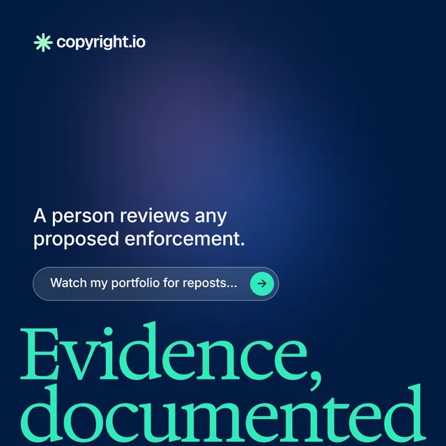 Instagram post for copyright.io: "Evidence, documented." Agentic glass style, oversized layout, dark palette in blue.