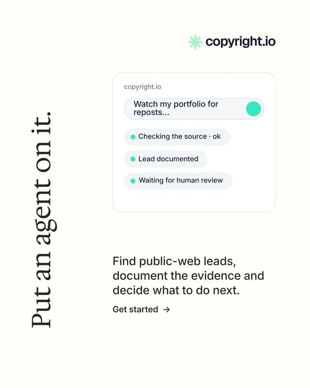 Instagram portrait post for copyright.io: "Put an agent on it." Minimal luxury style, vertical layout, light palette in white.